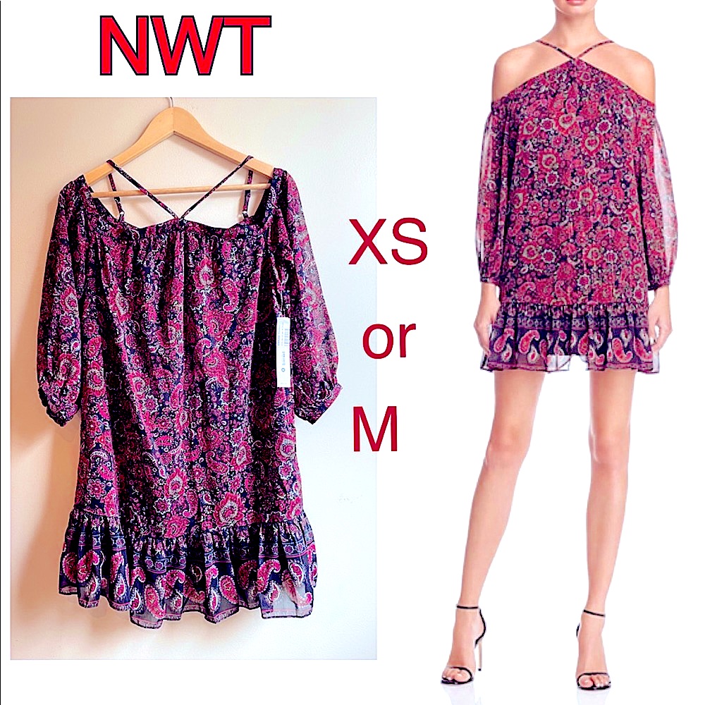 Nwt M / Xs Aqua Red Paisley Drop Shoulder Halter Neck Ruffle Sheath Mini Flounce
